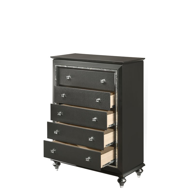 Bowery Hill Contemporary 5 Drawer Chest with Sparkling Trim in Metallic Gray