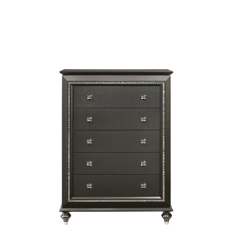 Bowery Hill Contemporary 5 Drawer Chest with Sparkling Trim in Metallic Gray