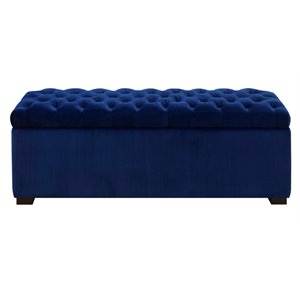 bowery hill button tufted velvet upholstered bench with storage in navy blue