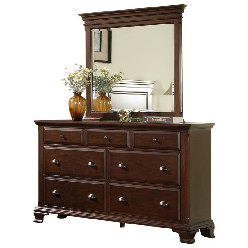Bowery Hill 7-Drawers Transitional Solid Wood Dresser with Mirror in Cherry
