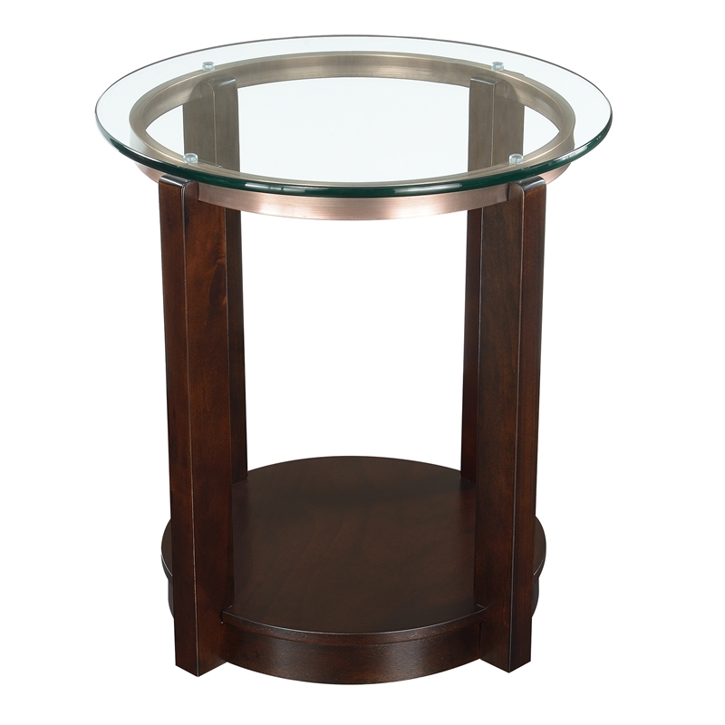 Bowery Hill End Table Coffee Accent Table Round in Glass Top and Wood - Espresso