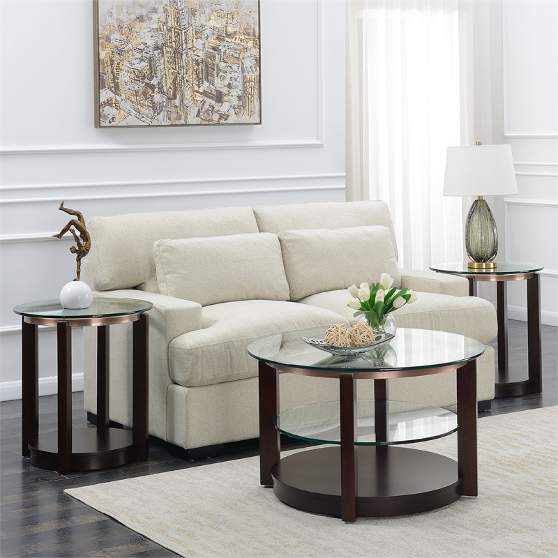 Bowery Hill End Table Coffee Accent Table Round in Glass Top and Wood - Espresso