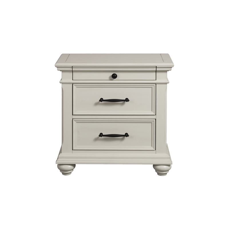 Bowery Hill Solid Wood Off White Nightstand Rectangular USB Ports 3-Drawer