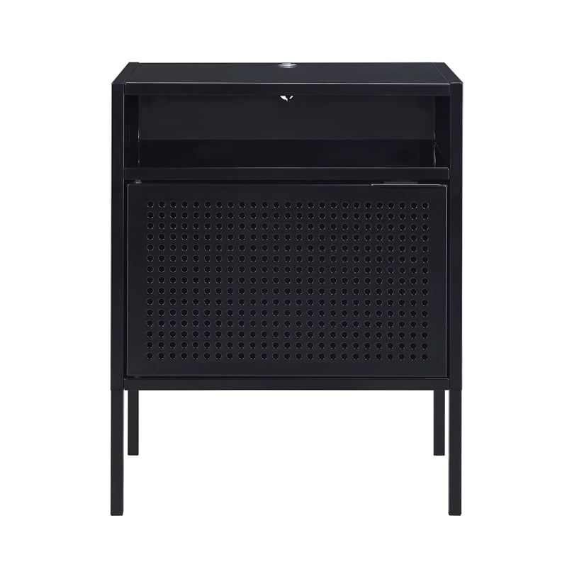 Bowery Hill Open Metal Shelf Nightstand with USB Port in Black