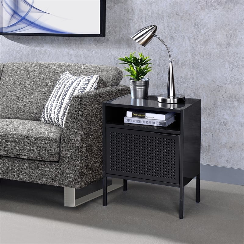 Bowery Hill Open Metal Shelf Nightstand with USB Port in Black