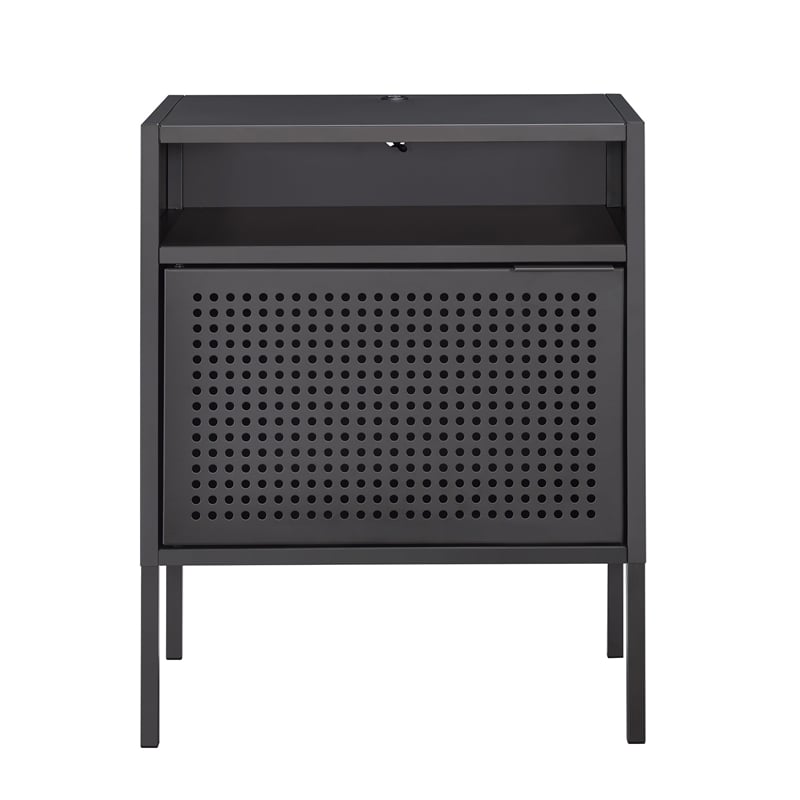 Bowery Hill Open Metal Shelf Nightstand with USB Port in Gray