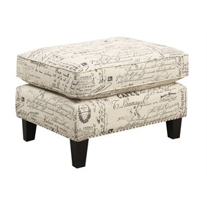 bowery hill french script fabric upholstered ottoman in off white espresso