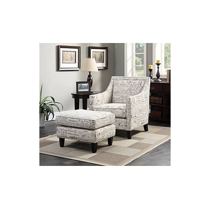 Bowery Hill French Script Fabric Upholstered Ottoman in Off White Espresso