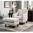 Bowery Hill French Script Fabric Upholstered Ottoman in Off White Espresso