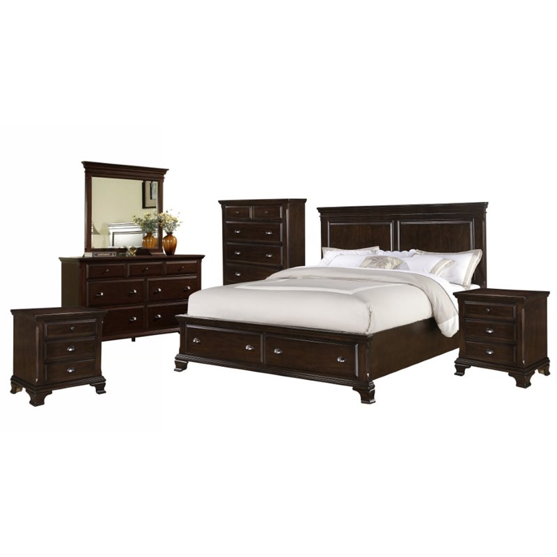 Bowery Hill Solid Wood 6-Piece King Storage Bedroom Set in Warm Cherry