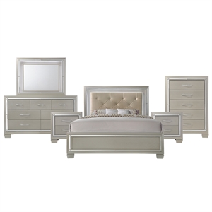bowery hill button tufted faux leather 6-piece king panel bedroom set champagne