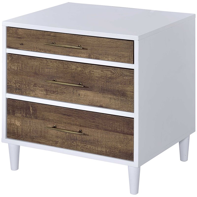 Bowery Hill Contemporary 3 Drawer Nightstand in White and Weathered Oak