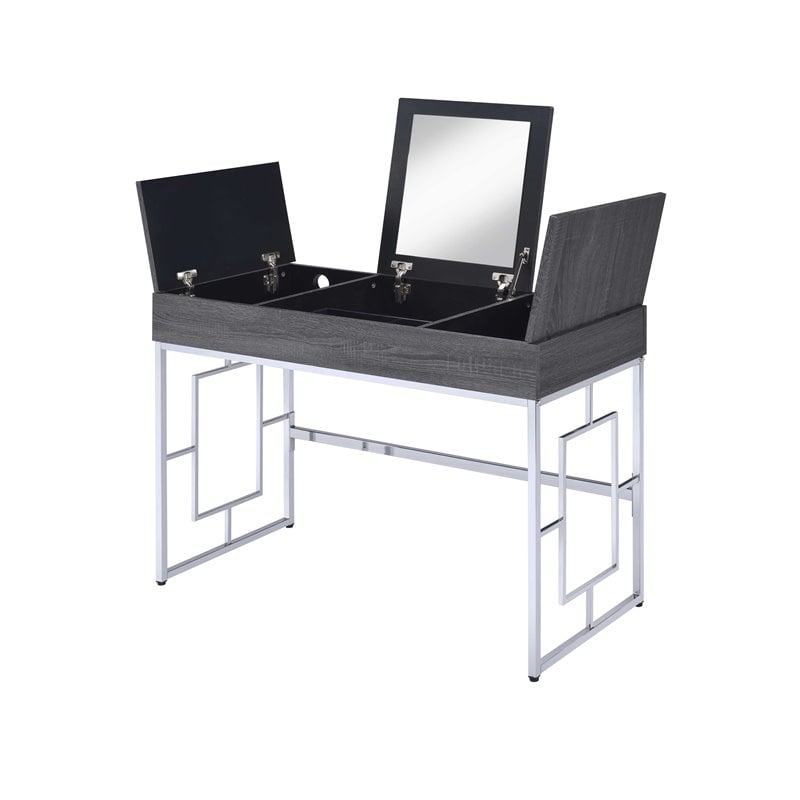 Bowery Hill Contemporary Vanity Desk with Flip Top Mirror in Chrome and Black
