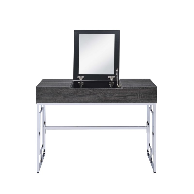 Bowery Hill Contemporary Vanity Desk with Flip Top Mirror in Chrome and Black
