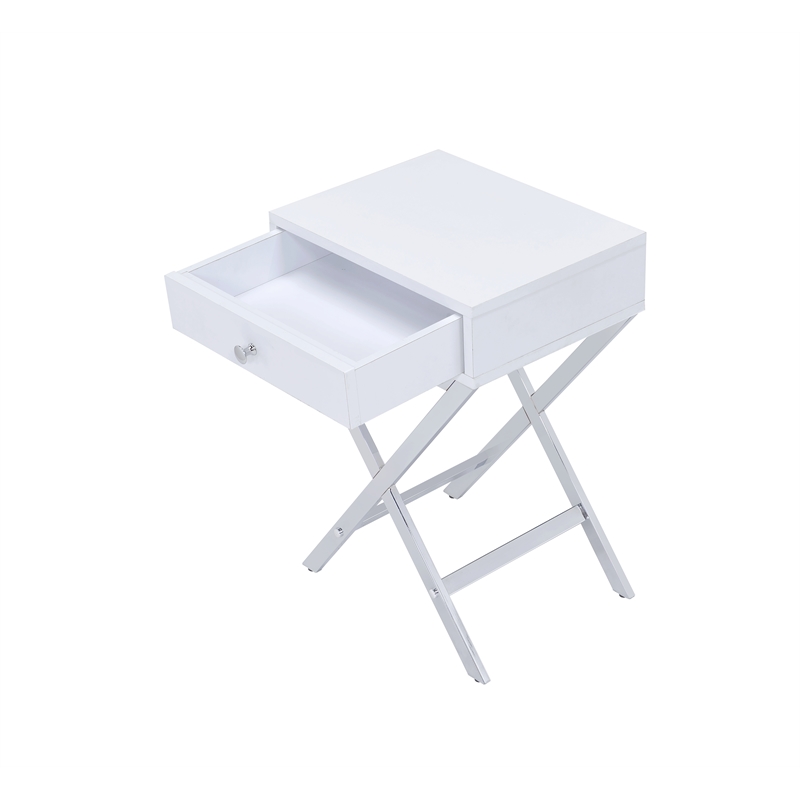 Bowery Hill 1 Drawer Modern Metal/Wood Side Table in White/Chrome