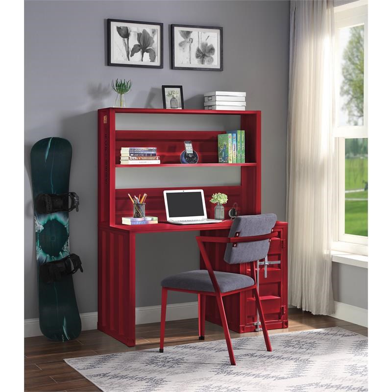 Bowery Hill Modern Metal Desk and Hutch with Storage in Red