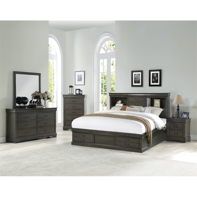 Bowery Hill Traditional Queen Bed with Storage in Dark Gray