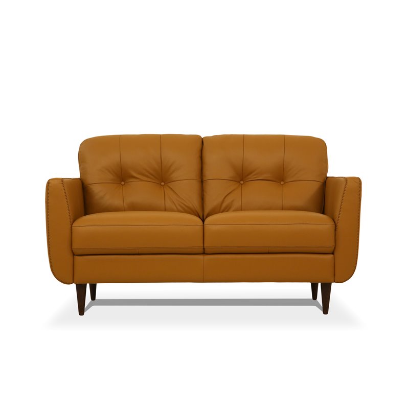Bowery Hill Modern Tufted Leather Loveseat with Flared Arms in Caramel
