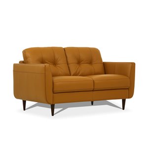 Bowery Hill Modern Tufted Leather Loveseat with Flared Arms in Caramel