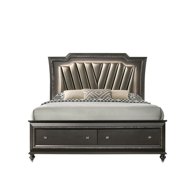 Bowery Hill King Bed with Faux Leather LED Headboard in Gray