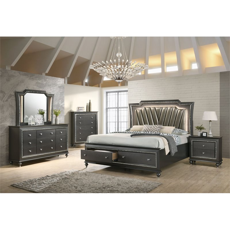 Bowery Hill King Bed with Faux Leather LED Headboard in Gray