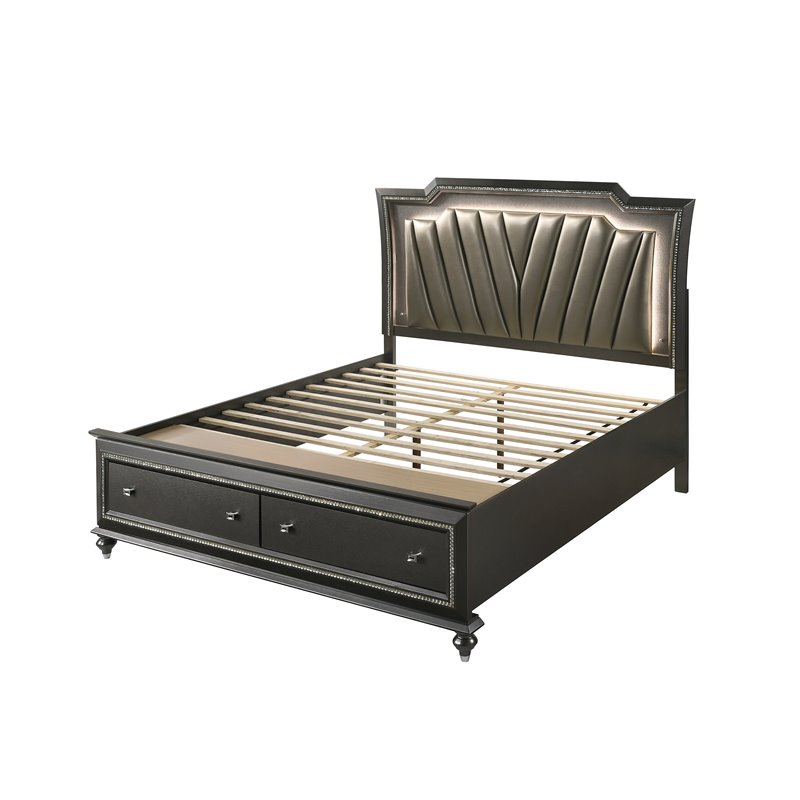 Bowery Hill King Bed with Faux Leather LED Headboard in Gray