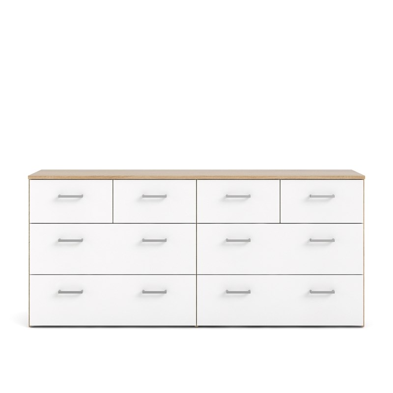 Bowery Hill Engineered Wood Low Profile 8 Drawer Double Dresser in Oak and White