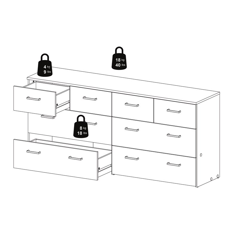 Bowery Hill Engineered Wood Low Profile 8 Drawer Double Dresser in Oak and White