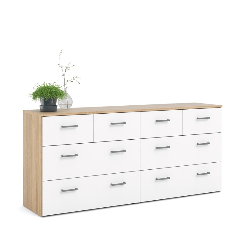 Bowery Hill Engineered Wood Low Profile 8 Drawer Double Dresser in Oak and White