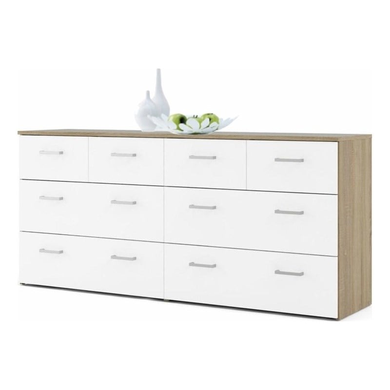 Bowery Hill Engineered Wood Low Profile 8 Drawer Double Dresser in Oak and White