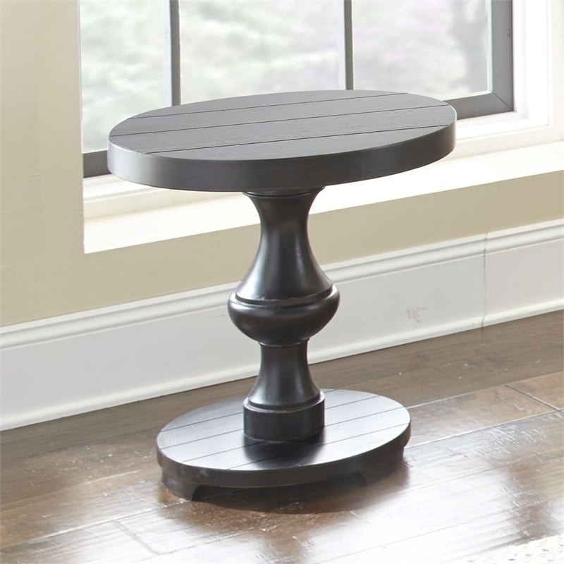 Bowery Hill Wood Ebony Black End Table Round Plank Effect Pedestal Base 22