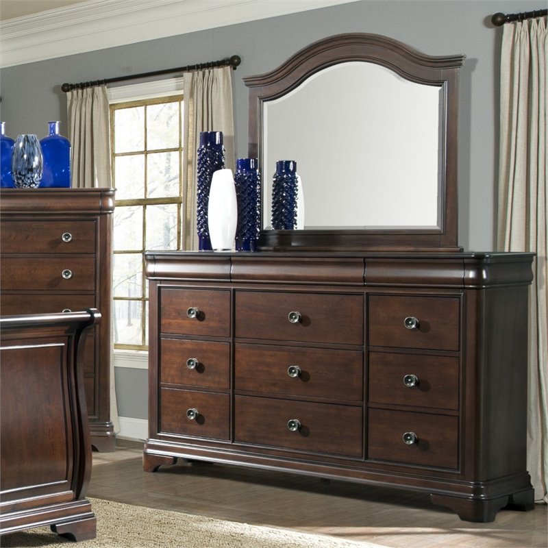 Bowery Hill Solid Wood 12-Drawers Bedroom Dresser with Mirror in Warm Cherry