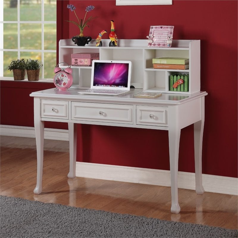 Bowery Hill Solid Wood 3-Drawers Writing Desk with Hutch in Crisp White