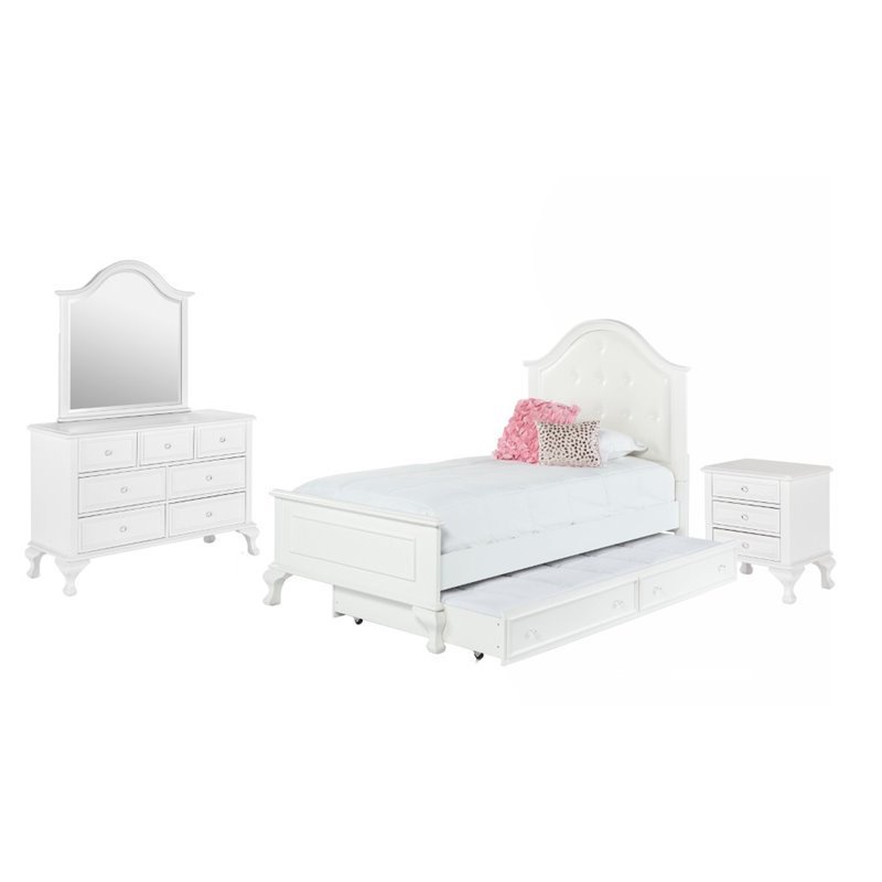 Bowery Hill Button Tufted Faux Leather 4 Piece Twin Bedroom Set in White