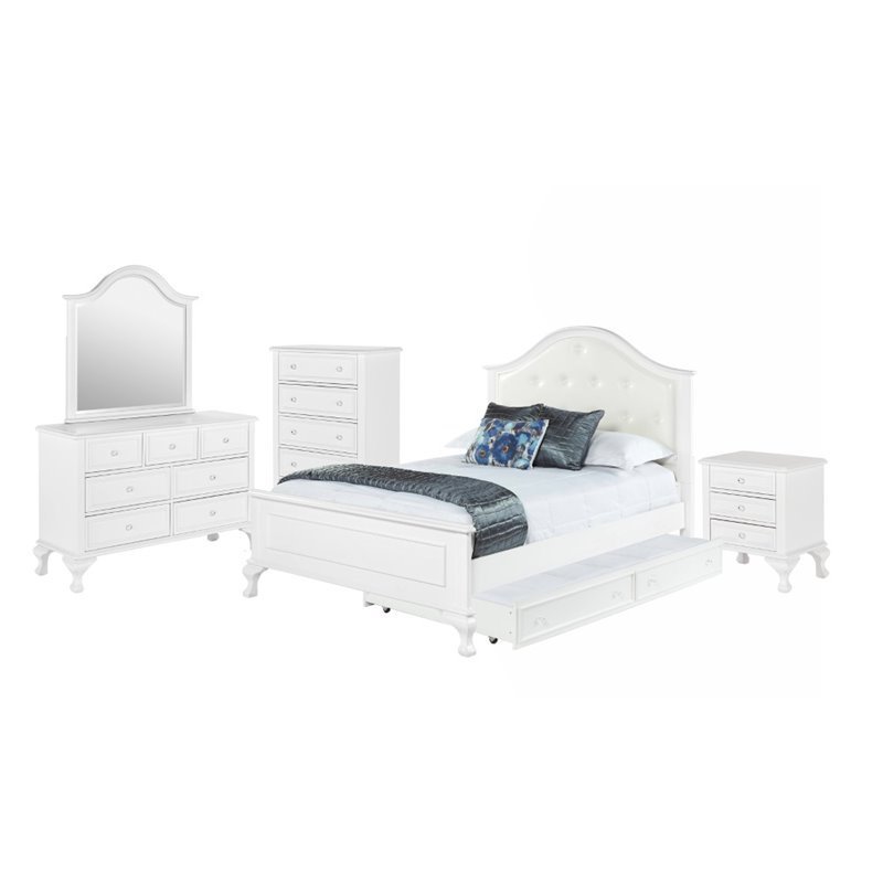 Bowery Hill Button Tufted Faux Leather 5 Piece Full Bedroom Set in White