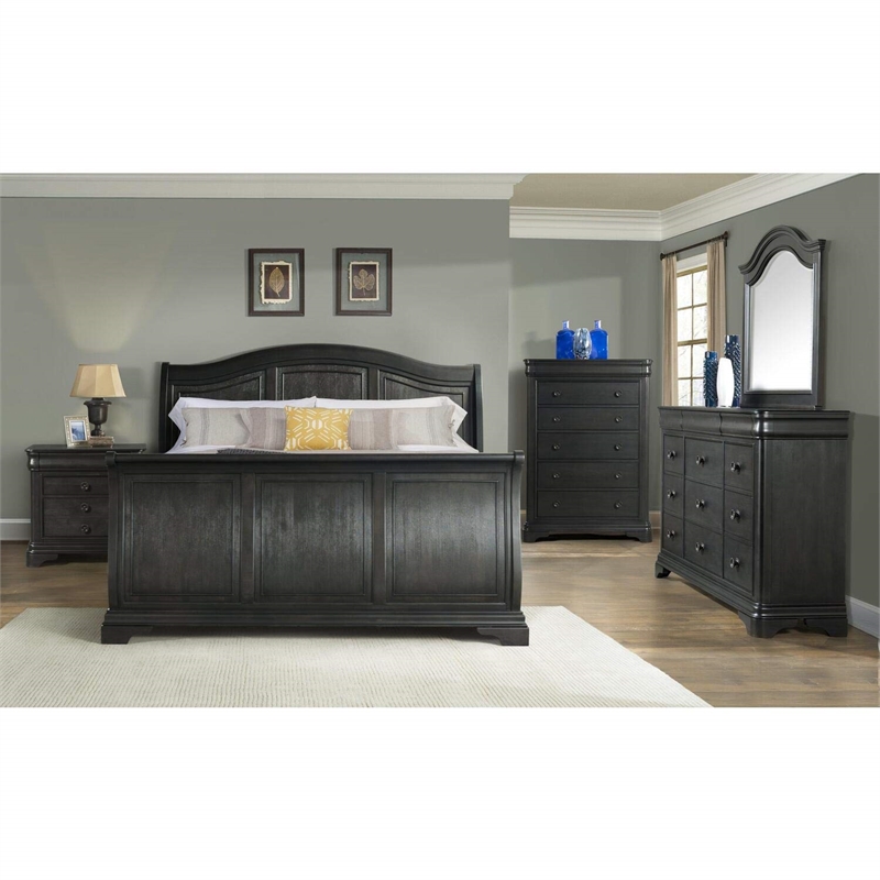 Bowery Hill Solid Wood Curved Sleigh Queen Bed in Cherry