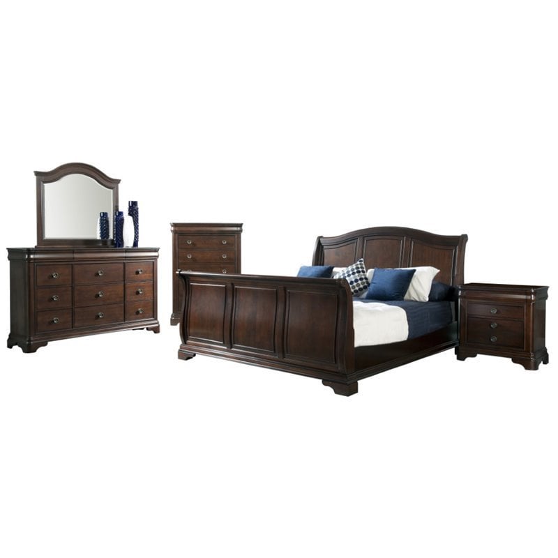 Bowery Hill Classic Solid Wood 5 Piece Queen Sleigh Bedroom Set in Warm Cherry