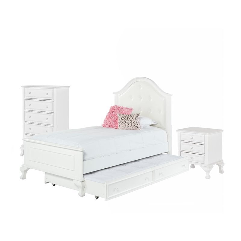 Bowery Hill Button Tufted Faux Leather 3 Piece Twin Bedroom Set in White