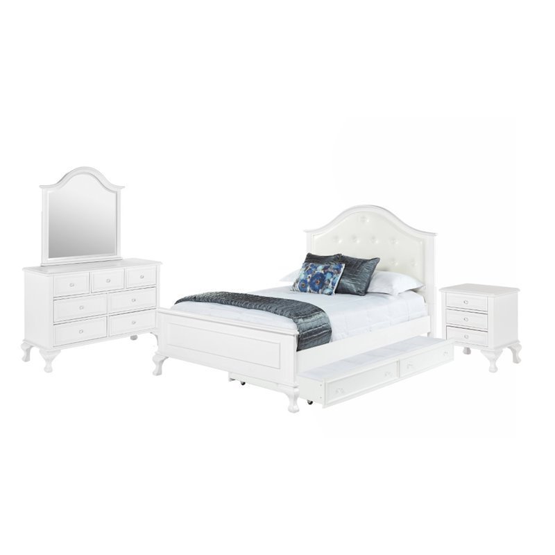 Bowery Hill Button Tufted Faux Leather 4 Piece Full Bedroom Set in White