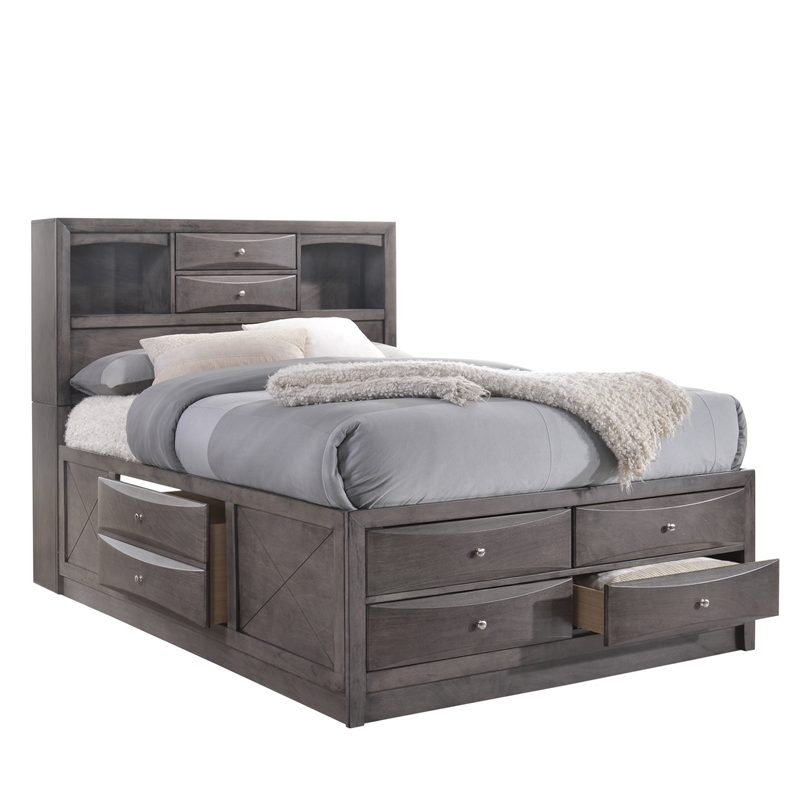Bowery Hill Solid Wood King Bed with Storage in Gray
