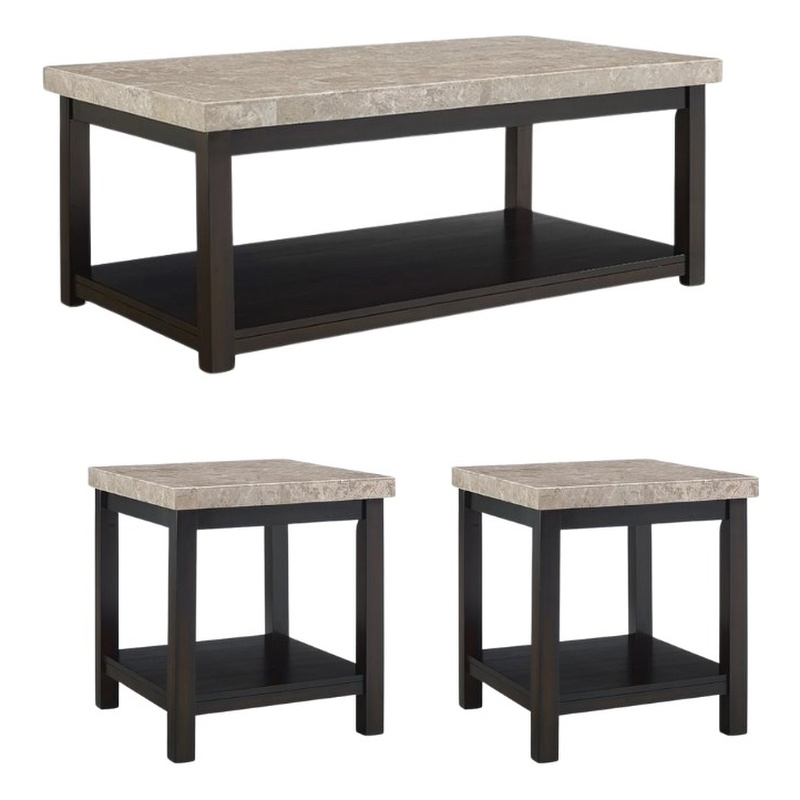 Bowery Hill 3 Piece Marble Top Occasional Table Set in Espresso