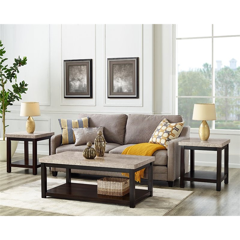 Bowery Hill 3 Piece Marble Top Occasional Table Set in Espresso