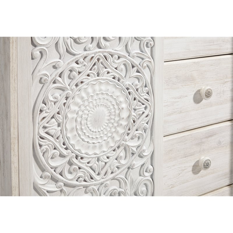 Bowery Hill 5-Drawers with Sliding Door Bedroom Chest in White Wash