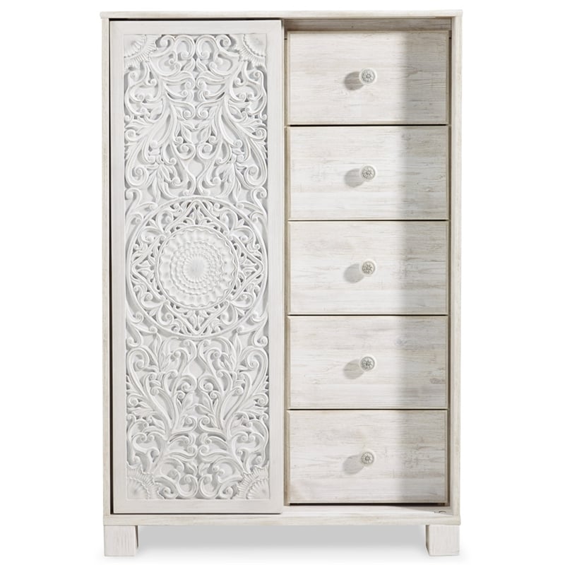 Bowery Hill 5-Drawers with Sliding Door Bedroom Chest in White Wash