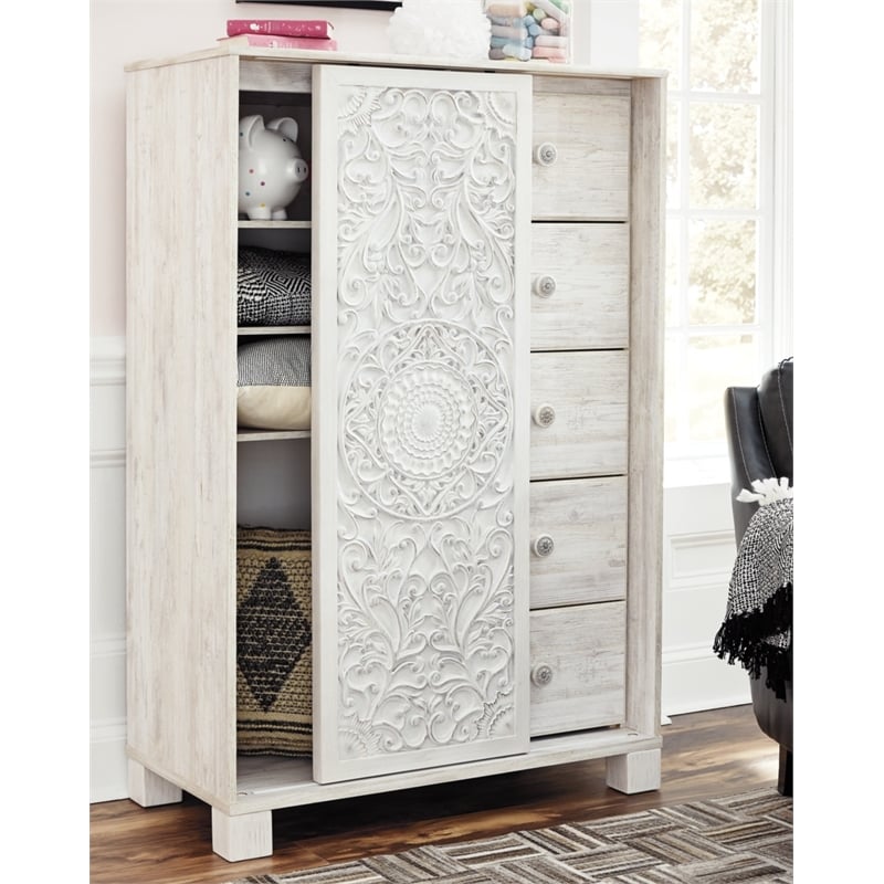 Bowery Hill 5-Drawers with Sliding Door Bedroom Chest in White Wash
