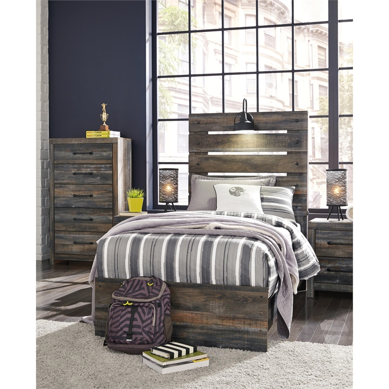 Bowery Hill Engineered Wood King California Bookcase LED Headboard in Brown