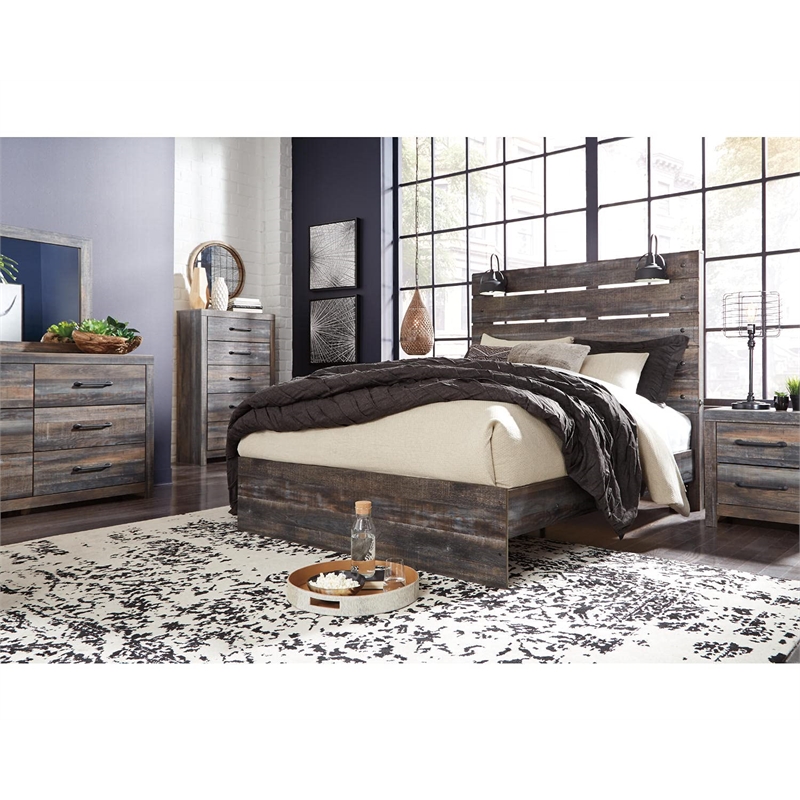 Bowery Hill Engineered Wood Queen Slat Panel Headboard with Sconces in Brown