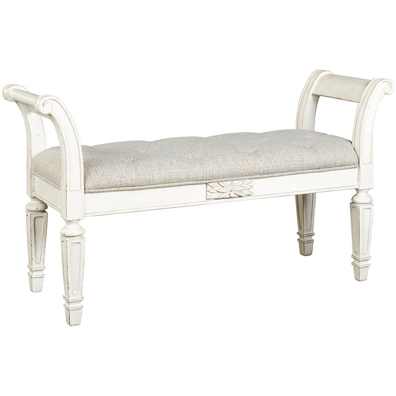 Bowery Hill Tufted Bench with Scrolled Arm in Antique White