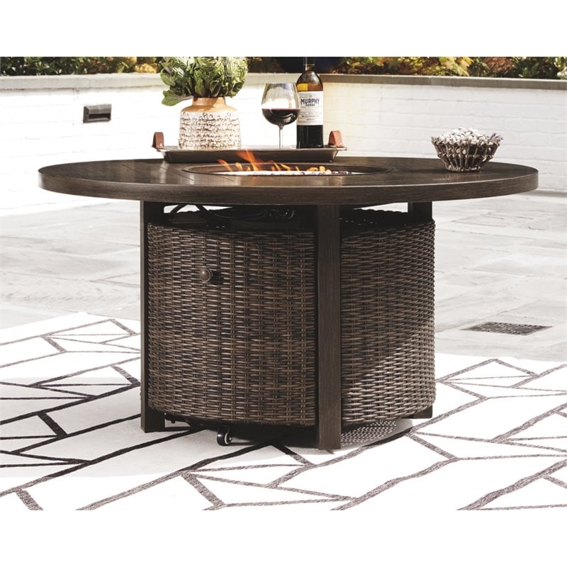 Bowery Hill Round Fire Pit Table in Medium Brown