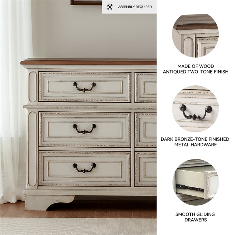 Bowery Hill 6 Drawer Double Dresser in White and Brown